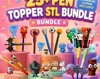 May include: A digital graphic displaying a 25+ Pen Topper STL Bundle with a commercial license included. The image features various 3D-printed pen toppers including animals, robots, sports balls, and fantasy shapes atop colorful pencils and pens.