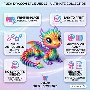 May include: A colorful, articulated dragon figurine with a rainbow tail and wings. The image includes text indicating it's a 3D printing STL bundle, featuring phrases like "Print-in-Place," "Multicolor Ready," and "Beginner Friendly."