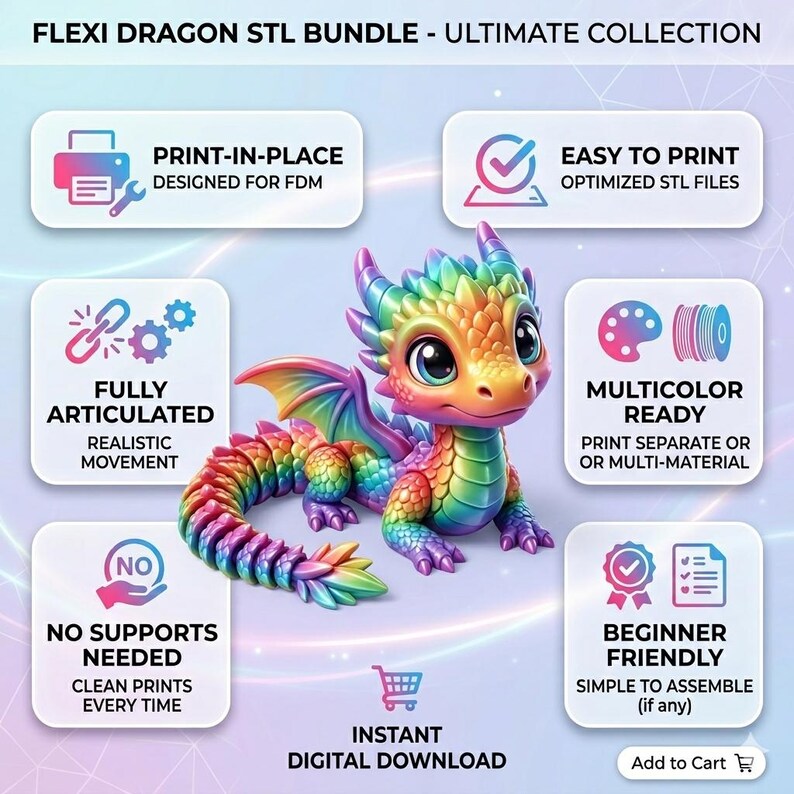 May include: A colorful, articulated dragon figurine with a rainbow tail and wings. The image includes text indicating it's a 3D printing STL bundle, featuring phrases like "Print-in-Place," "Multicolor Ready," and "Beginner Friendly."