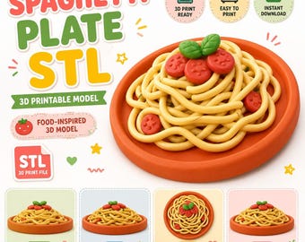May include: A 3D printable STL file for a spaghetti plate model. The design features yellow pasta strands on an orange plate, topped with red tomato slices and green basil leaves. Includes text labels like SPAGHETTI PLATE STL and 3D PRINT READY.