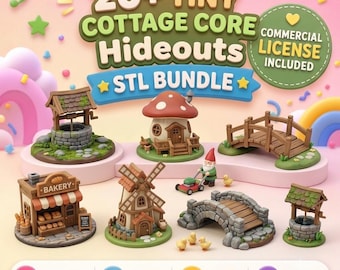 May include: A digital bundle of 20+ tiny cottage core hideouts featuring 3D printable STL files. The collection includes miniature structures like a stone well, mushroom house, wooden bridge, bakery, windmill, and a gnome with a lawnmower.