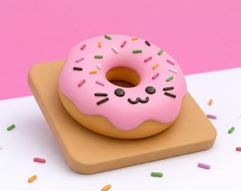 May include: A tan-colored donut with pink frosting and a cat-like face featuring black eyes and whiskers. The donut is decorated with multi-colored sprinkles and rests on a square tan base, surrounded by scattered sprinkles on a white surface.
