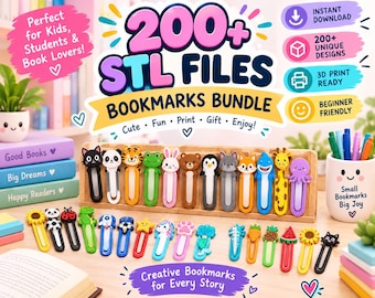 May include: A digital bundle of 200+ STL files for 3D printable bookmarks featuring various colorful animal and object designs. The image displays multiple physical examples of these bookmarks, including cats, pandas, sharks, and flowers, arranged on a wooden stand and a desk surface.