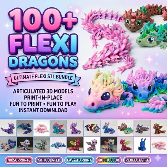 Flexi Dragon STL Bundle, Articulated Dragon STL Pack, Cute Fantasy Creature Printing Files, 3D Print Dragon Model, Flexi Animal STL Download