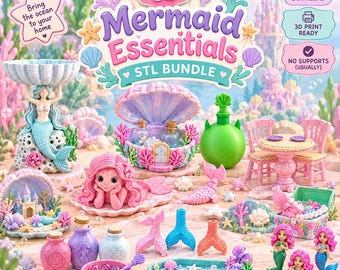 May include: A digital collection of 15+ Mermaid Essentials STL files for 3D printing. The image displays various miniature mermaid-themed items including figurines, a shell-shaped house, a table set, bottles, and treasure chests in pastel colors.