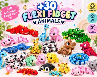 May include: A collection of 3D printed articulated fidget animals in various colors and species, including dinosaurs, reptiles, and mammals. The image features the text +30 FLEXI FIDGET ANIMALS, Cute Articulated Fidget Fun!, INSTANT DOWNLOAD, STL FILES, and NO SUPPORTS.