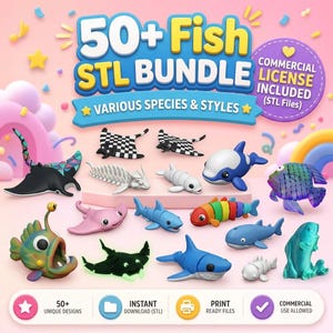 50+ Articulated Fish STL Bundle | Flexi Fish Pack | Print in Place Ocean Animals | Shark Stingray Axolotl Angler Fish | 3D Print Fidget Toys