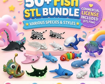 May include: A digital collection of 50+ Fish STL files featuring various species and styles. The image displays multiple 3D-printed fish models, including rays, sharks, and whales in diverse colors and patterns, with text stating Commercial License Included.
