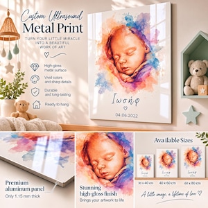 Peut inclure: Une impression sur métal personnalisée d'une échographie montrant un portrait aquarelle d'un nourrisson endormi avec des éclaboussures orange, rose et bleu. Le texte indique "Custom Ultrasound Metal Print," "Ιωσήφ," et "04.06.2022." Épaisseur de 1,15 mm, finition brillante.