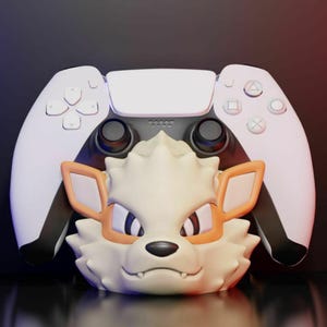 May include: A white PlayStation 5 controller with a custom faceplate featuring a cartoonish, cream-coloured creature with orange accents. The controller has black thumbsticks and buttons. The background is a gradient of dark blue and red.
