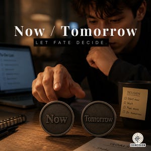 May include: Two metal coins with the words "Now" and "Tomorrow" are on a wooden surface. The image includes the text "Now / Tomorrow" and "LET FATE DECIDE." A sticky note on a mug lists decision options. A laptop and a person are in the background.