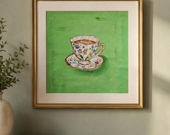 Vintage Blumen Teetasse Ölgemälde | Stillleben mit grünem Hintergrund, Küchendeko
