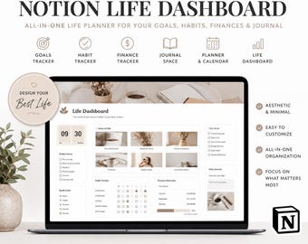 Plantilla de panel de control de Notion Life / Diario de finanzas, hábitos y objetivos todo en uno / Paquete de planificador de Notion