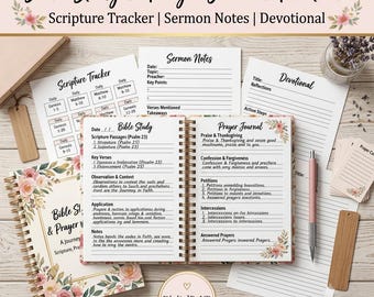 Diario imprimible de estudio bíblico y oración / Registro de escrituras / Notas de sermones / Devocional en PDF