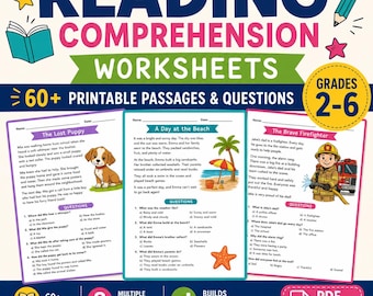 Hojas de trabajo de comprensión lectora / Más de 60 preguntas de lectura imprimibles para los grados 2-6 / PDF