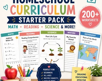 Paquete básico de currículo para educación en el hogar / Más de 200 hojas de trabajo de matemáticas, lectura y ciencias / Paquete para educación en el hogar