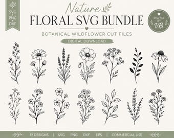 Paquete de archivos SVG florales de la naturaleza / Archivos de corte botánicos de flores silvestres (descarga digital)