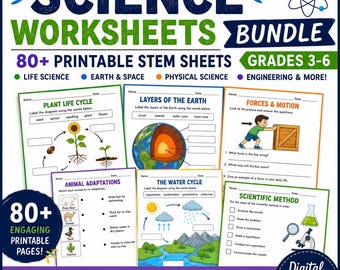 Paquete de hojas de trabajo de ciencias / Más de 80 hojas imprimibles de STEM para los grados 3-6 / PDF de ciencias para primaria