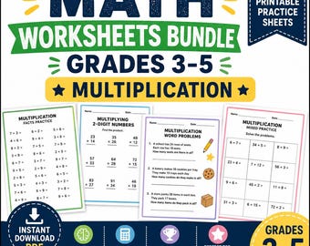 Paquete de hojas de ejercicios de matemáticas para los grados 3-5 / Más de 100 hojas de práctica imprimibles de multiplicación / PDF