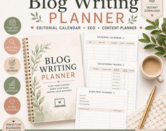 Planificador de escritura para blogs imprimible / Calendario editorial / Rastreador de palabras clave SEO / Planificador para bloggers en PDF