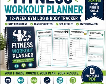 Planificador de entrenamiento físico imprimible / Registro de gimnasio de 12 semanas y seguimiento de medidas corporales / Descarga en PDF