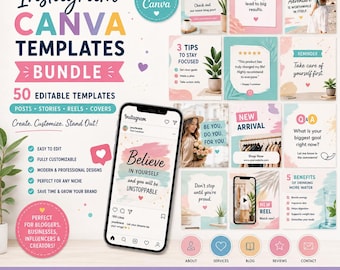 Paquete de plantillas de Canva para Instagram / 50 portadas editables para publicaciones, historias y reels / Kit para redes sociales