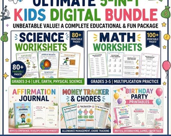 Paquete digital definitivo para niños: Matemáticas, Ciencias, Diario, Control de gastos, Kit para fiestas (Descarga en PDF)