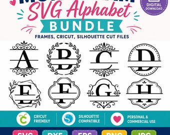 Paquete de alfabeto SVG con monogramas / Marcos, archivos de corte para Cricut y Silhouette (descarga digital)