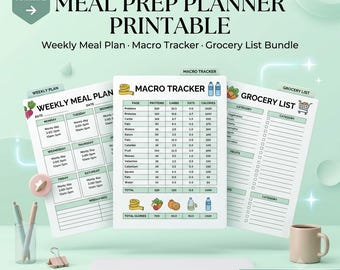 Planificador de preparación de comidas imprimible / Plan de comidas semanal, rastreador de macronutrientes, paquete de lista de compras / Descarga en PDF