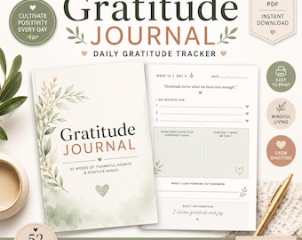 Diario de gratitud imprimible / Rastreador diario de gratitud / Planificador de reflexión de 52 semanas / Descarga en PDF