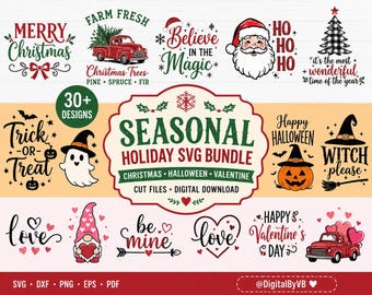 Paquete de archivos SVG de temporada para festividades / Archivos de corte para Navidad, Halloween y San Valentín (Descarga digital)