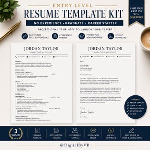 May include: An entry level resume template kit featuring two white documents with black text, including a resume and cover letter for a marketing assistant. The layout includes sections for profile, education, skills, experience, and certifications.
