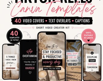 Plantillas de Canva para TikTok Reels / 40 portadas de vídeo con superposiciones de texto y subtítulos / Kit para crear vídeos cortos