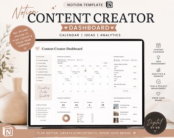 Panel de control/calendario, ideas y análisis de Notion Content Creator (descarga digital)