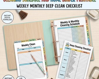 Calendario de limpieza y organizador del hogar imprimible / Lista de verificación de limpieza profunda semanal y mensual / Descarga en PDF