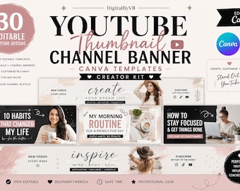Plantillas de Canva para banners de canales de YouTube / 30 diseños editables para YouTube / Kit para creadores
