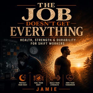 May include: A book cover titled THE JOB DOESN'T GET EVERYTHING: HEALTH, STRENGTH & DURABILITY FOR SHIFT WORKERS by JAMIE. It features a split design showing a tired worker at night and a fit person at sunrise, with icons for rest, food, and fitness.