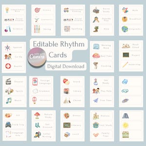 Puede incluir: Una colección de tarjetas de ritmo editables con ilustraciones en acuarela y etiquetas de texto para actividades diarias. Las tarjetas incluyen iconos para materias como matemáticas, ciencias y arte, junto con tareas como cocinar, quehaceres y lectura. El texto "Editable Rhythm Cards Digital Download" y "edit with Canva" es visible.