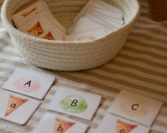 Tarjetas para emparejar helados del alfabeto / Mayúsculas y minúsculas de la A a la Z / Material imprimible para el desarrollo de la lectoescritura en preescolar y jardín de infancia