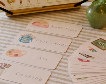Tarjetas imprimibles para la rutina de la educación en casa / Ritmo visual diario / Horario de acuarela