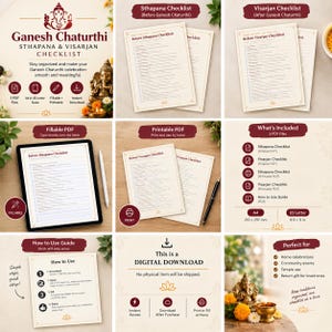 May include: A digital Ganesh Chaturthi Sthapana and Visarjan checklist set including fillable and printable PDF files in A4 and 8.5 x 11 inch sizes. The set features checklists for before and after the celebration, a how-to guide, and digital download instructions.