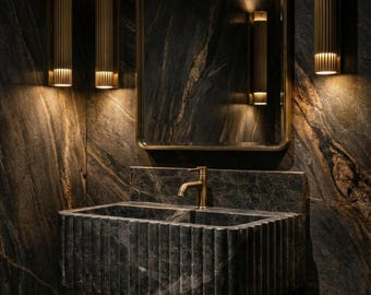 Bayata zwart marmeren wandgemonteerde wastafel, wastafel badkamer, backsplash marmeren wastafel, wastafel in vaartuig, handgesneden, marmeren wastafel, natuursteen