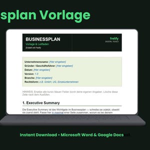 Könnte beinhalten: Ein Laptop zeigt eine Businessplan-Vorlage mit dem Titel "Businessplan Vorlage" in grüner Schrift. Der Bildschirm zeigt einen Geschäftsplan-Entwurf mit Abschnitten für Unternehmensinformationen und eine Zusammenfassung. Der Bildschirm zeigt "Instant Download + Microsoft Word & Google Docs".