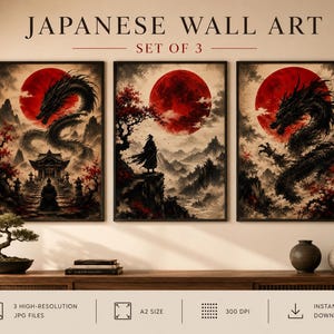 Japanese Samurai and Dragon Wall Art Set of 3, Printable A2 Posters