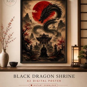 Black Dragon Shrine Wall Art, Japanese Printable A2 Poster