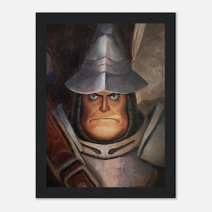 May include: Framed artwork featuring a stern-faced knight in silver armor and a matching helmet. The knight's face is painted with a serious expression, and the background has a warm, earthy tone. The artwork is enclosed in a black frame.