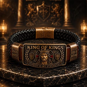 May include: A black braided leather bracelet featuring a rectangular bronze-toned metal centerpiece. The centerpiece displays a relief of a crowned figure with the text KING OF KINGS, CHRIST IS MY STRENGTH, JESUS SAVES, and GOD IS WITH ME.