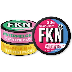 May include: Three round containers of FKN caffeine pouches. The containers have black lids and feature the text "FKN" in white. Flavours include Watermelon, Pineapple Mango, and Blue Raspberry. Each container contains 15 sachets.