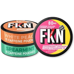 May include: Three round containers of caffeine pouches. The top container is black with a pink and yellow label, and the text "FKN" in white. The middle container is orange with "White Peach" text. The bottom container is green with "Spearmint" text.
