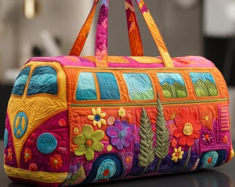 Bolso de fin de semana Rainbow Hippie Van, bolsa de viaje retro con forma de seta, regalo bohemio para pasar la noche para ella.